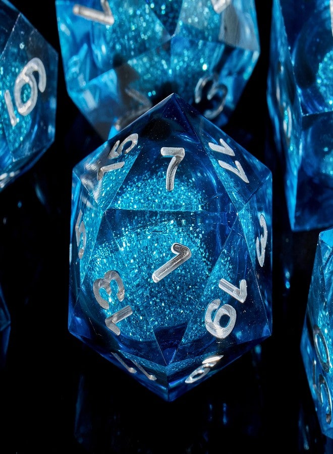 Fugacity DND Dice Set, Liquid Core Handmade Sharp Edge 7 Piece Resin Dice-Dungeons and Dragons Polyhedral Dice Set, D&D Dice Set with Gift Dice Case for RPG MTG Table Games(Blue Sand & Silver) - Image 3
